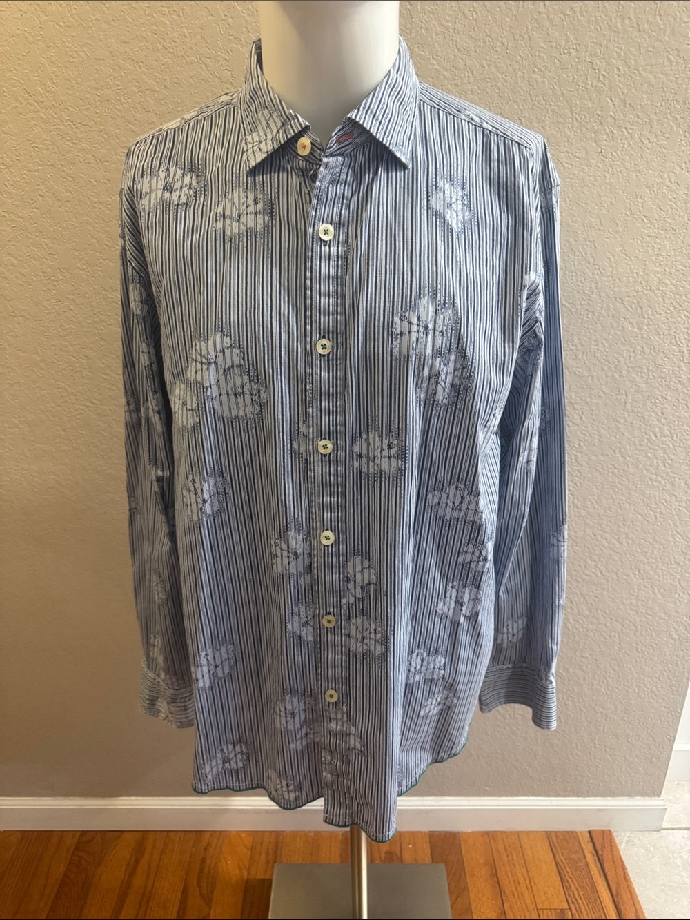 Tommy Bahama Blue Striped Shirt blue Floral Print men’s size large cotton